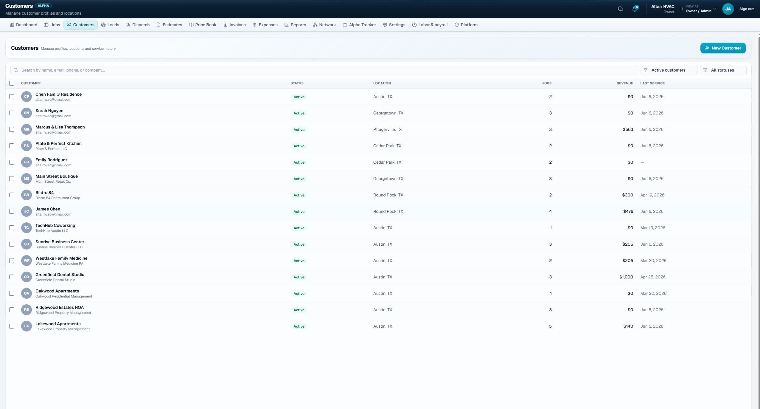 Altair OS Customer 360 view with service history and account details