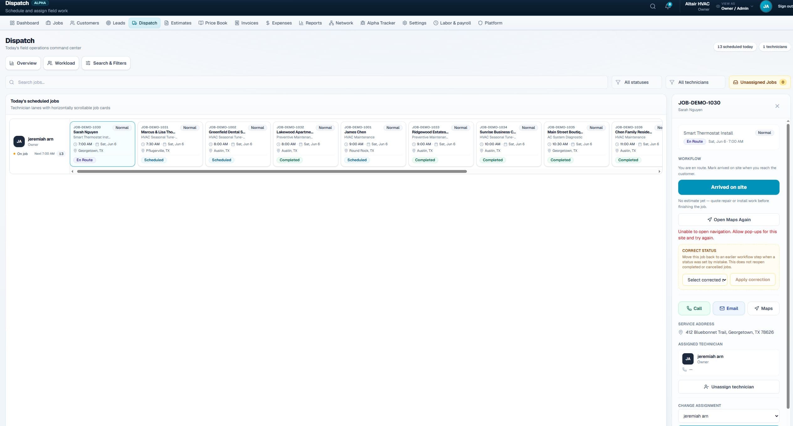 Altair OS dispatch command center showing daily schedule and crew assignments