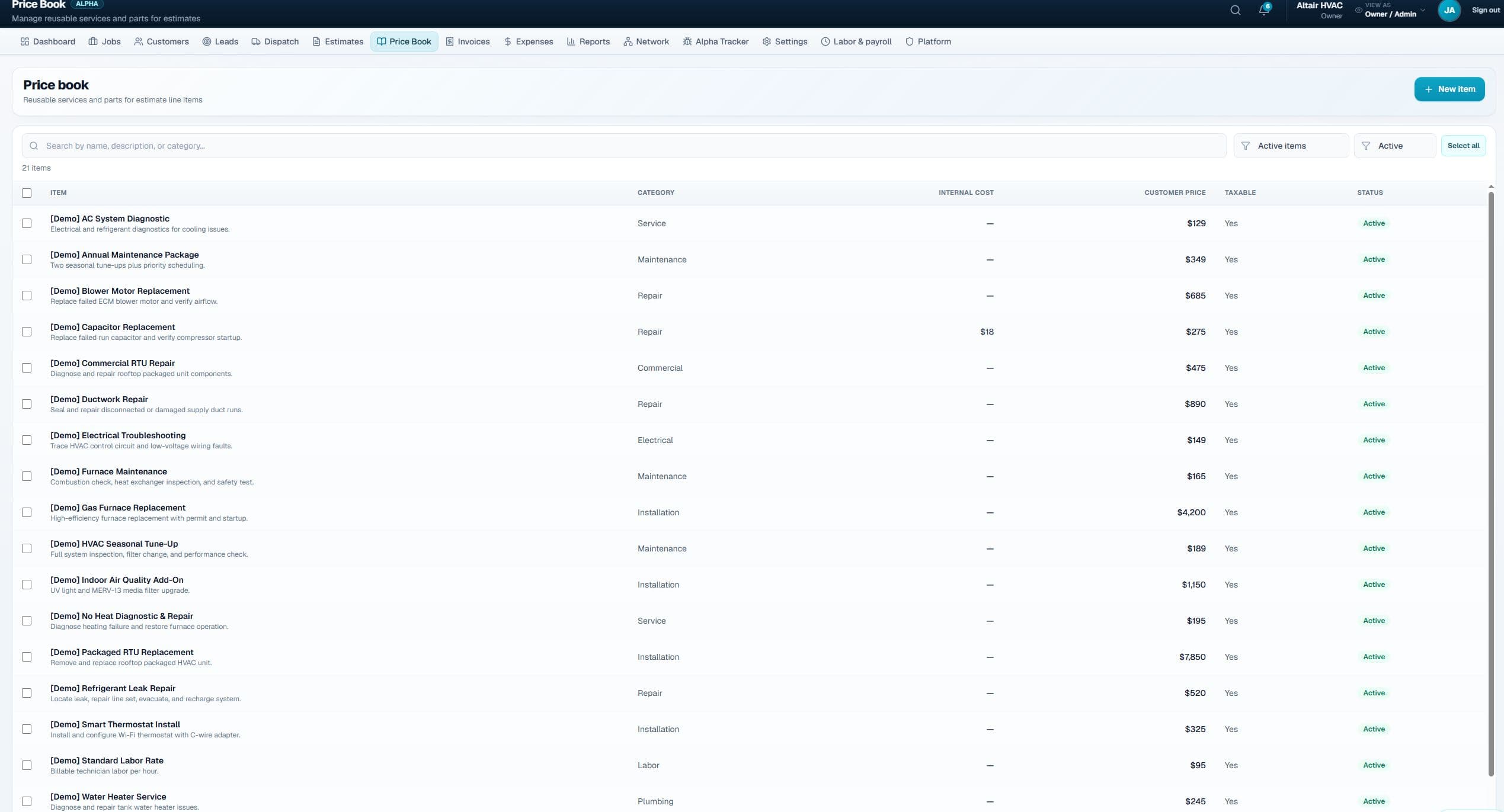 Altair OS invoicing and payment collection interface