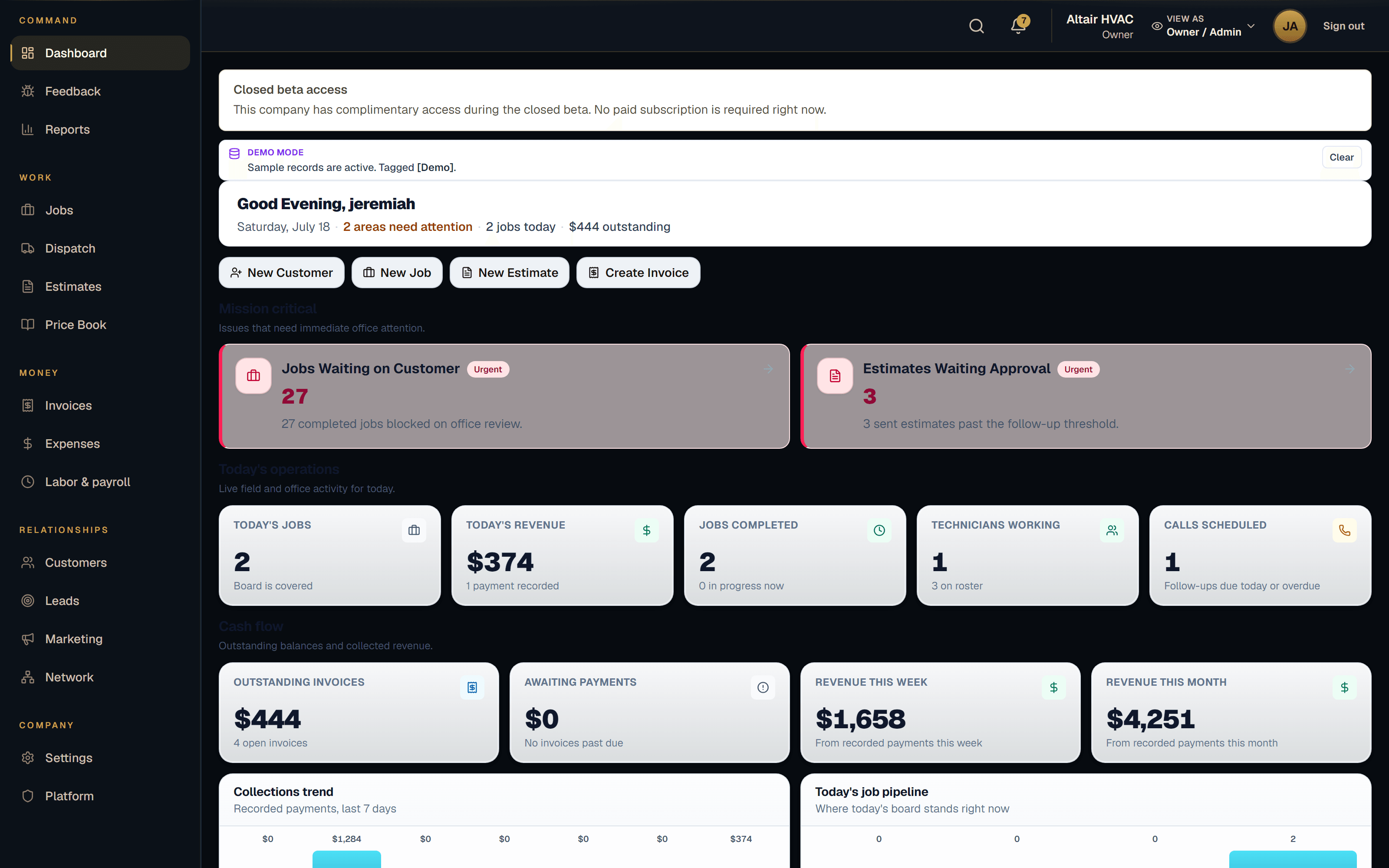 Altair Mission Control dashboard showing today's operations, mission-critical queues, cash flow, and technician activity