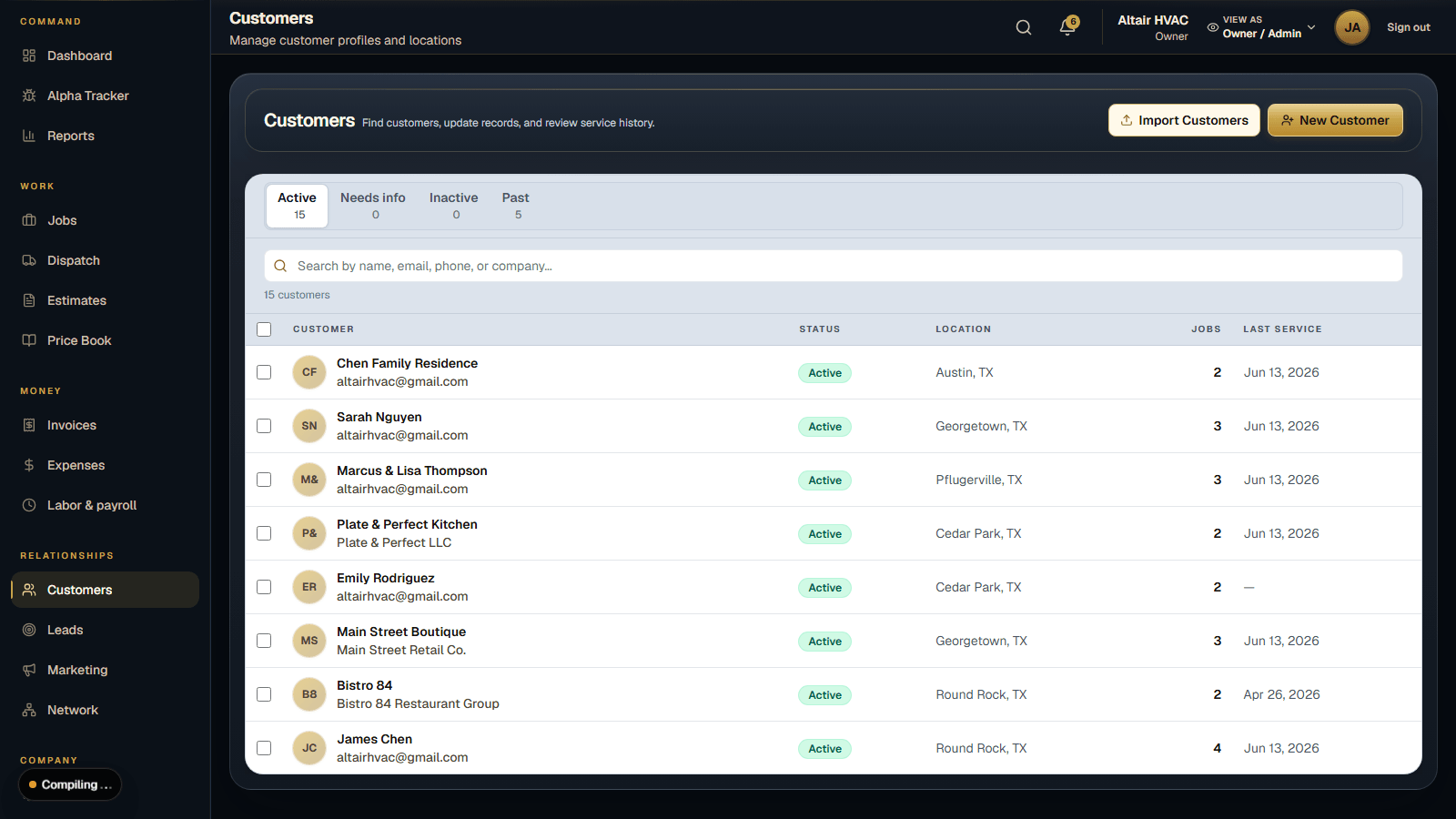 Altair customer management workspace with customer and service records