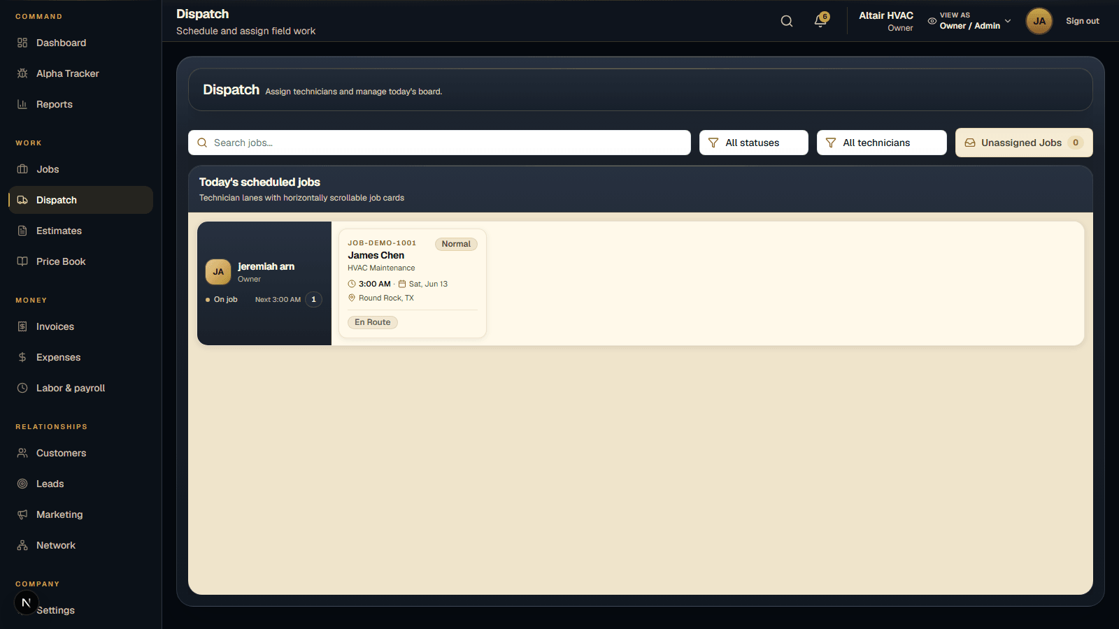 Altair dispatch workspace showing scheduled jobs and technician assignments