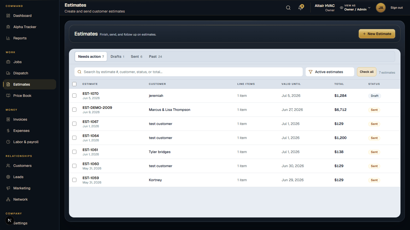 Altair estimates workspace showing estimate status and customer approvals